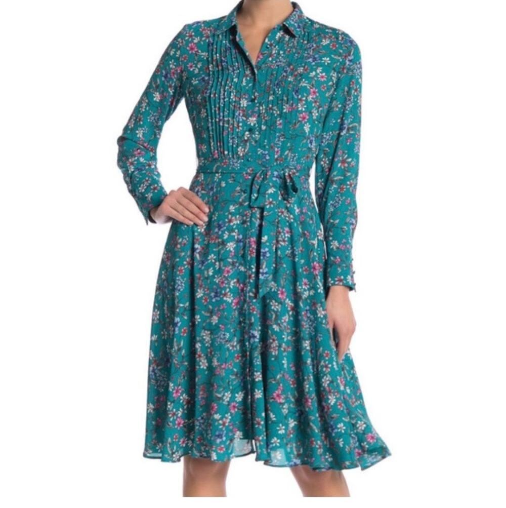 NANETTE by NANETTE LEPORE teal fit & flare midi L-sleeve floral dress